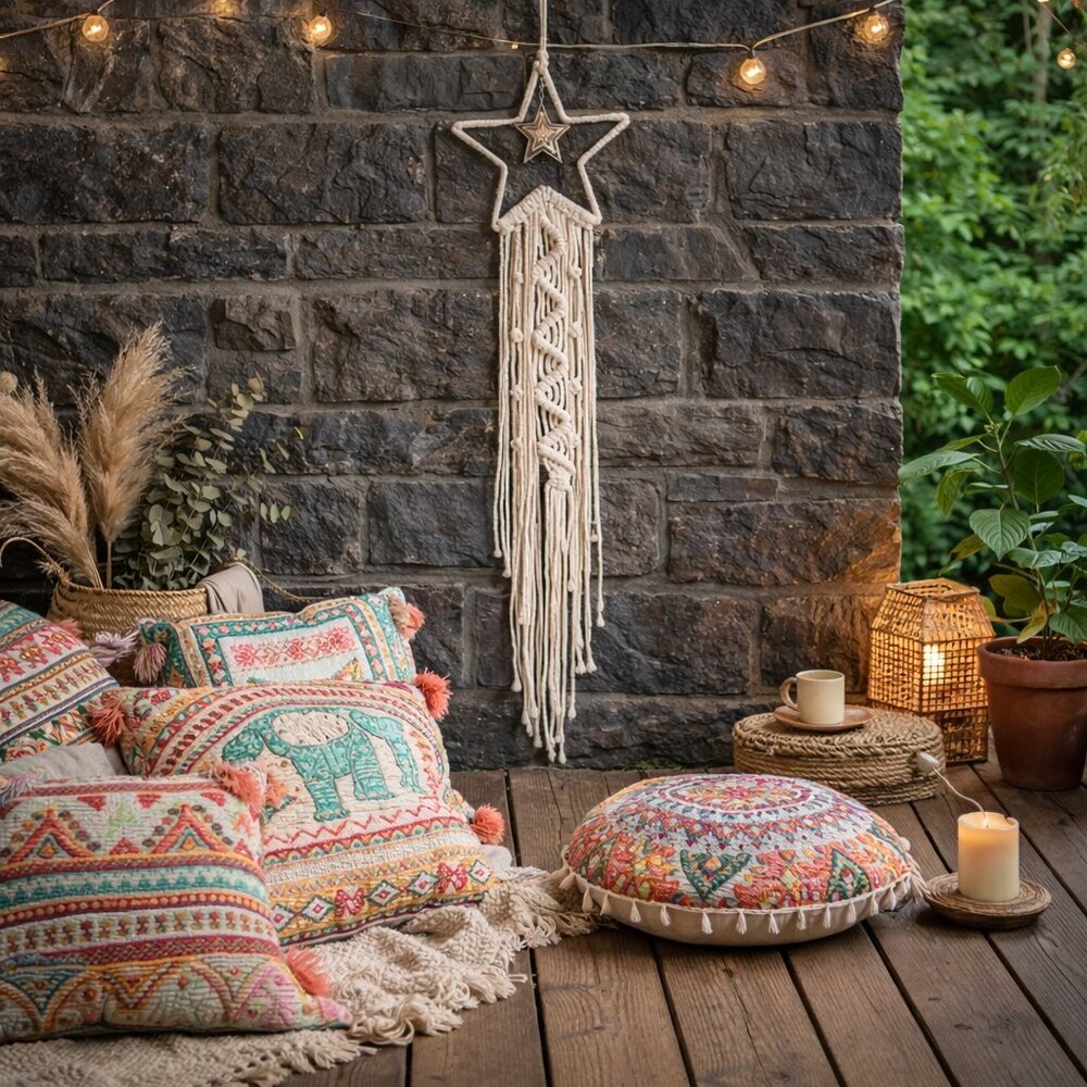 Celestial Macramรฉ Star Wall Hanging 38โ Cream Silver Charm Whimsigoth Decor - Picture 5 of 14